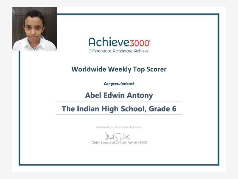 The Indian High School, Oud Metha Campus proudly announces its latest Achieve3000 Worldwide Winner!